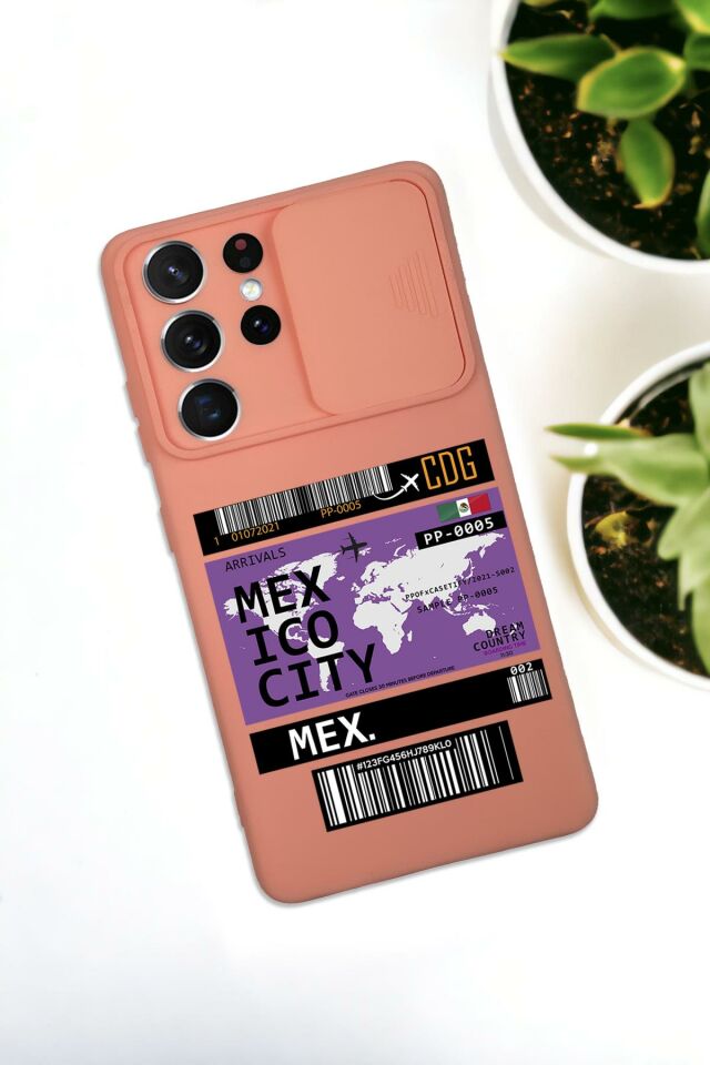 Samsung S21 Ultra Uyumlu Mexico Ticket Desenli Kamera Koruma Slider Kapaklı Silikonlu Telefon Kılıfı
