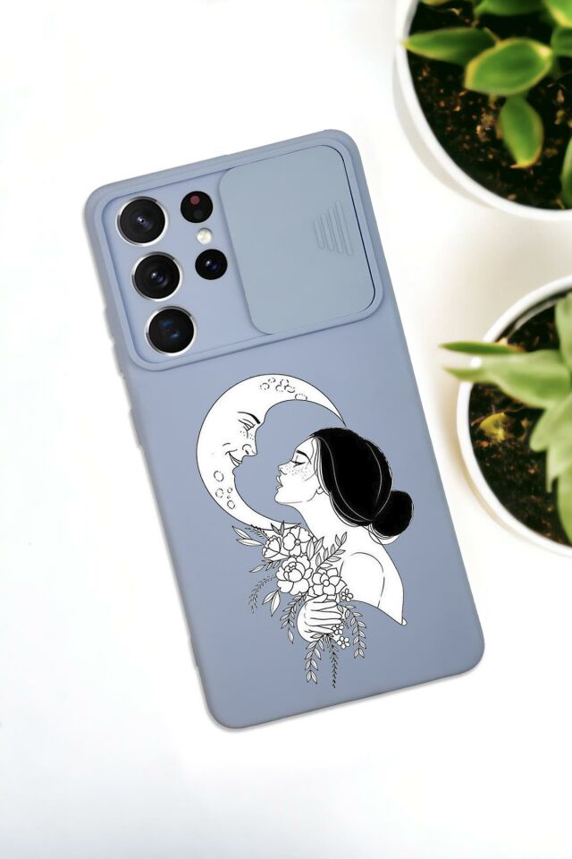 Samsung S21 Ultra Uyumlu Moon and Women Desenli Kamera Koruma Slider Kapaklı Silikonlu Telefon Kılıfı