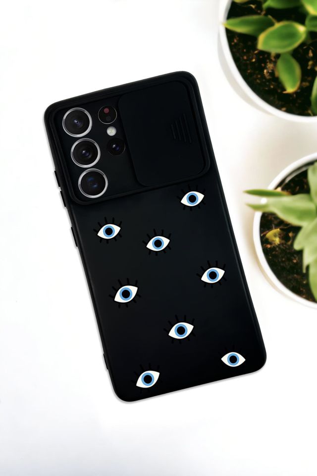Samsung S21 Ultra Uyumlu Nazar Gözler Desenli Kamera Koruma Slider Kapaklı Silikonlu Telefon Kılıfı