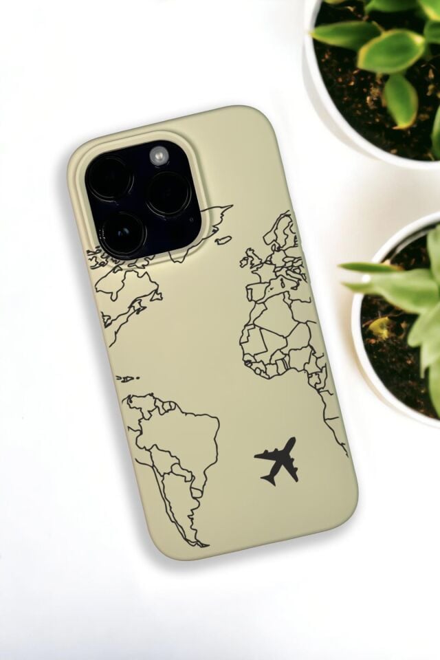 iPhone 14 Pro Uyumlu World Map Lines Desenli Premium Silikonlu Krem Lansman Telefon Kılıfı