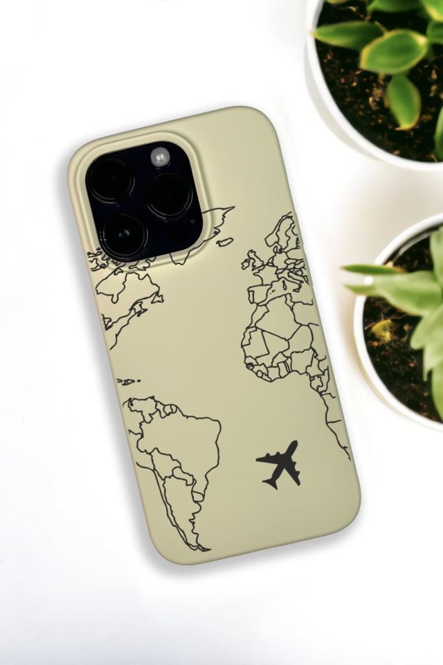 iPhone 14 Pro Max Uyumlu World Map Lines Desenli Premium Silikonlu Krem Lansman Telefon Kılıfı