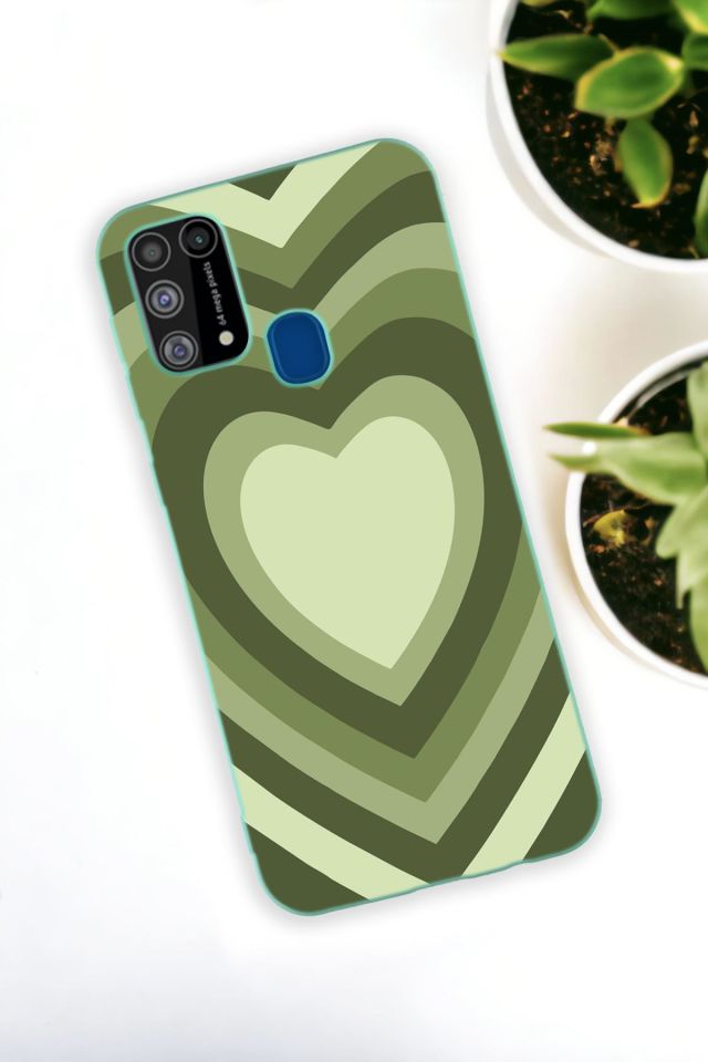 Samsung Galaxy M21 Uyumlu Yeşil Kalpler Desenli Premium Silikonlu Lansman Telefon Kılıfı
