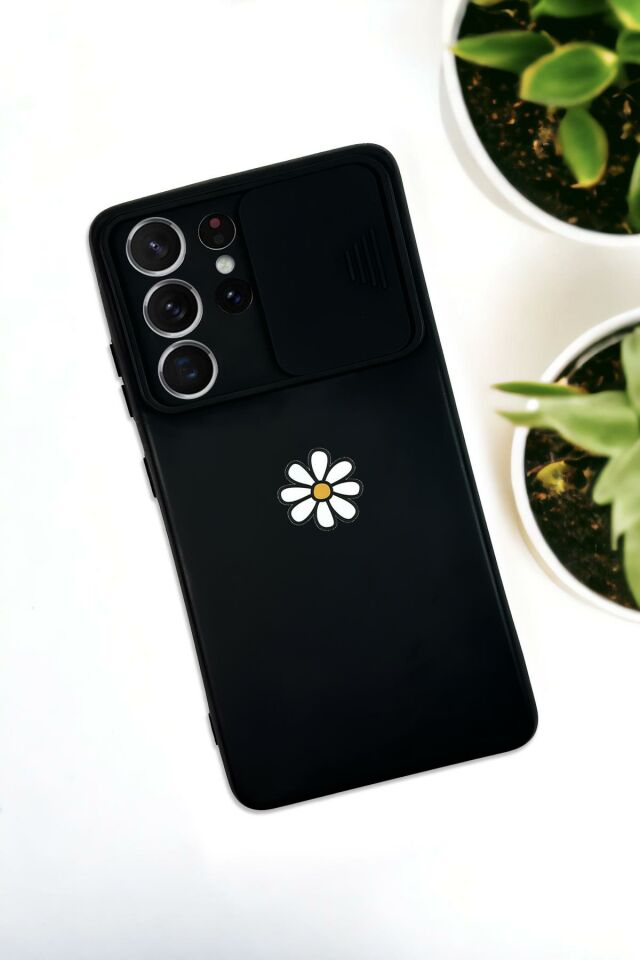 Samsung S21 Ultra Uyumlu Papatya Desenli Kamera Koruma Slider Kapaklı Silikonlu Telefon Kılıfı