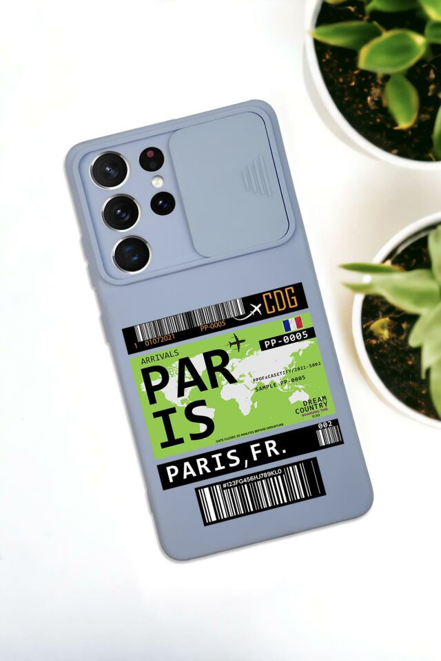 Samsung S21 Ultra Uyumlu Paris Ticket Desenli Kamera Koruma Slider Kapaklı Silikonlu Telefon Kılıfı