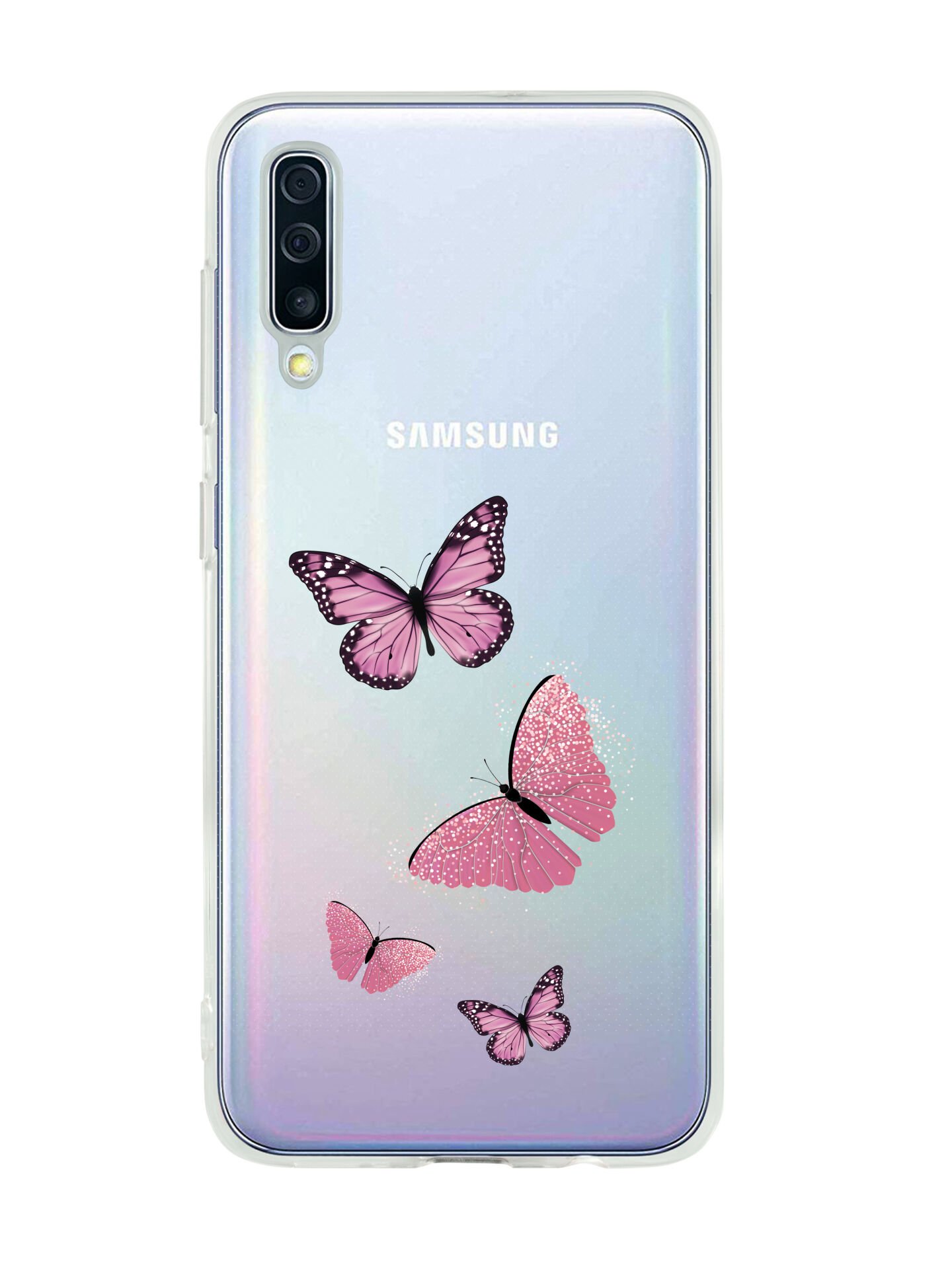 Samsung A50 Pembe Kelebekler Desenli Premium Şeffaf Silikon Kılıf