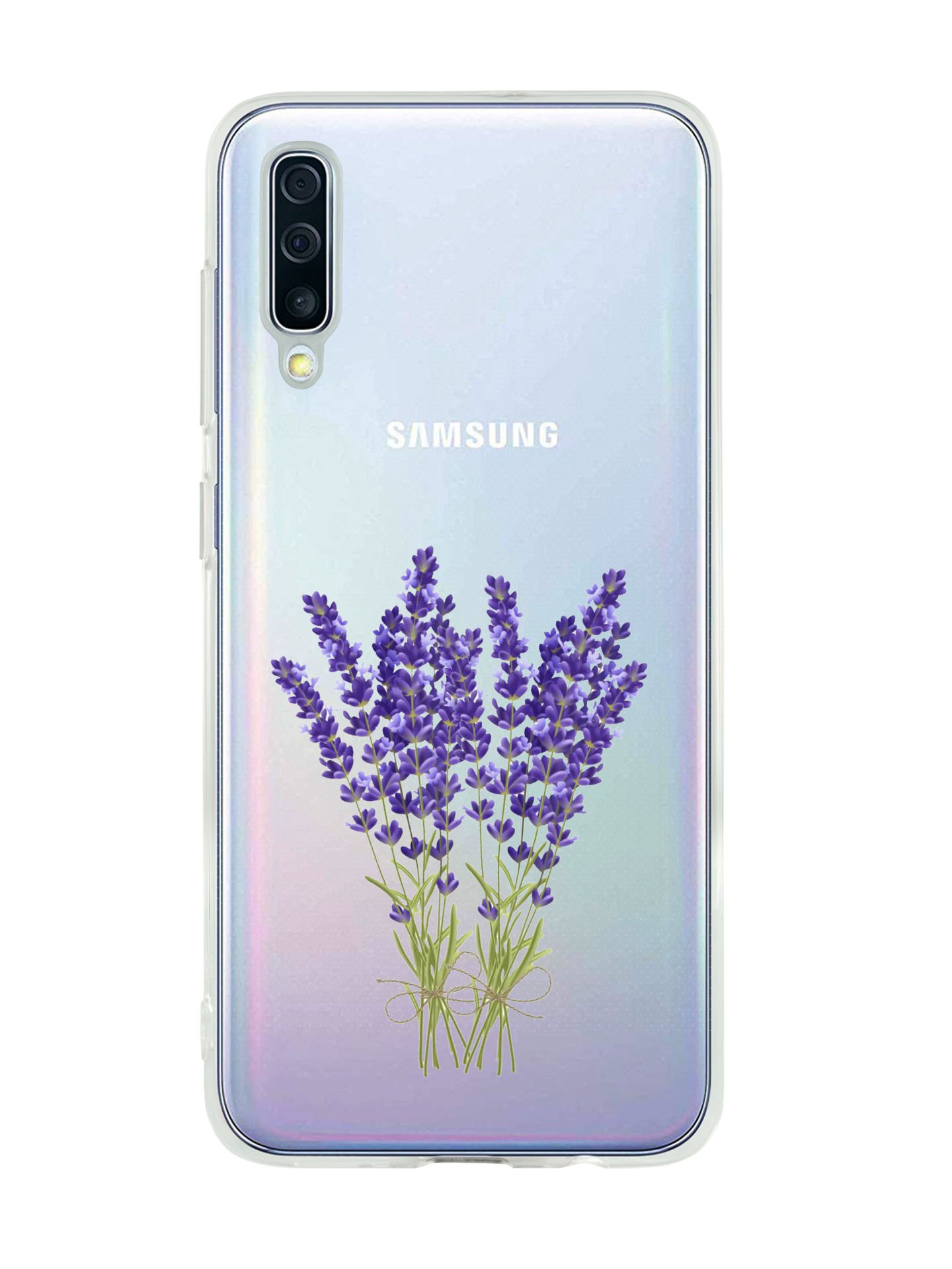 Samsung A50 Mor Çiçek Desenli Premium Şeffaf Silikon Kılıf