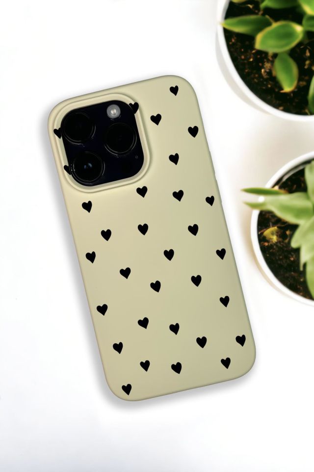 iPhone 14 Pro Max Uyumlu Siyah Kalpler Desenli Premium Silikonlu Krem Lansman Telefon Kılıfı