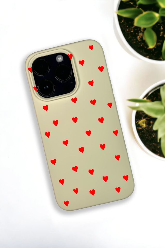 iPhone 14 Pro Max Uyumlu Sevimli Kalpler Desenli Premium Silikonlu Krem Lansman Telefon Kılıfı
