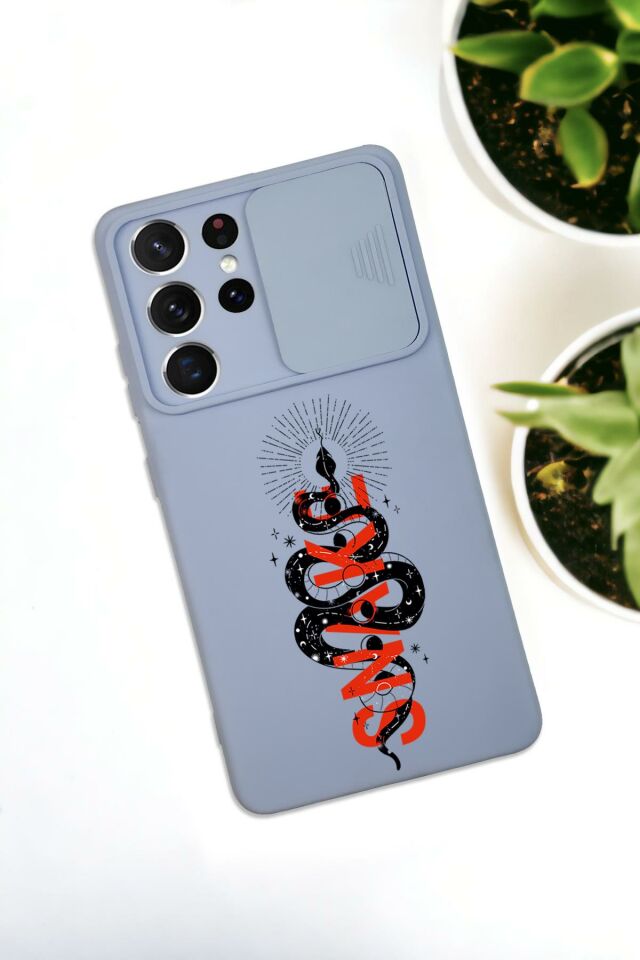 Samsung S21 Ultra Uyumlu Snake Desenli Kamera Koruma Slider Kapaklı Silikonlu Telefon Kılıfı