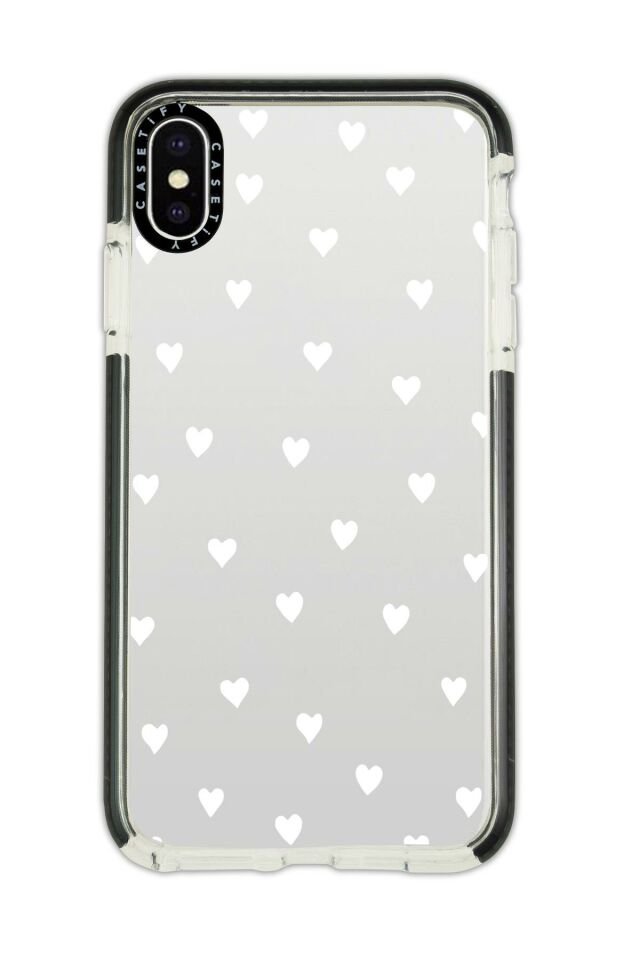iPhone Xs Max Casetify Uyumlu Beyaz Kalpler Desenli Anti Shock Premium Silikonlu Siyah Kenar Detaylı Telefon Kılıfı