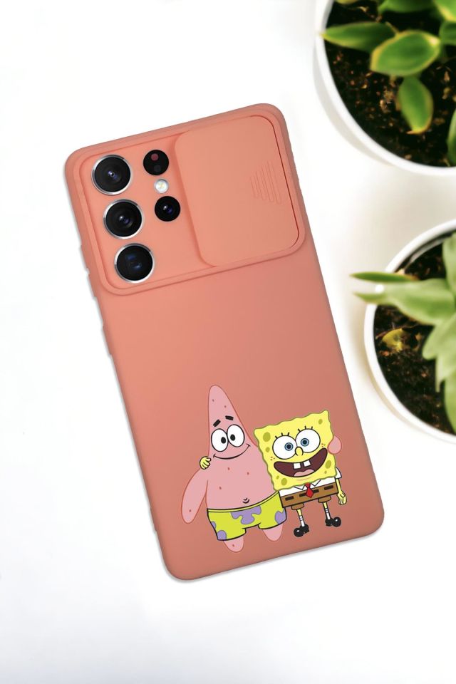 Samsung S21 Ultra Uyumlu Sünger Bob ve Patrick Star Desenli Kamera Koruma Slider Kapaklı Silikonlu Telefon Kılıfı