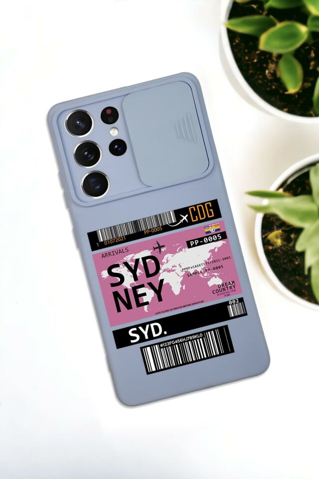 Samsung S21 Ultra Uyumlu Sydney Ticket Desenli Kamera Koruma Slider Kapaklı Silikonlu Telefon Kılıfı