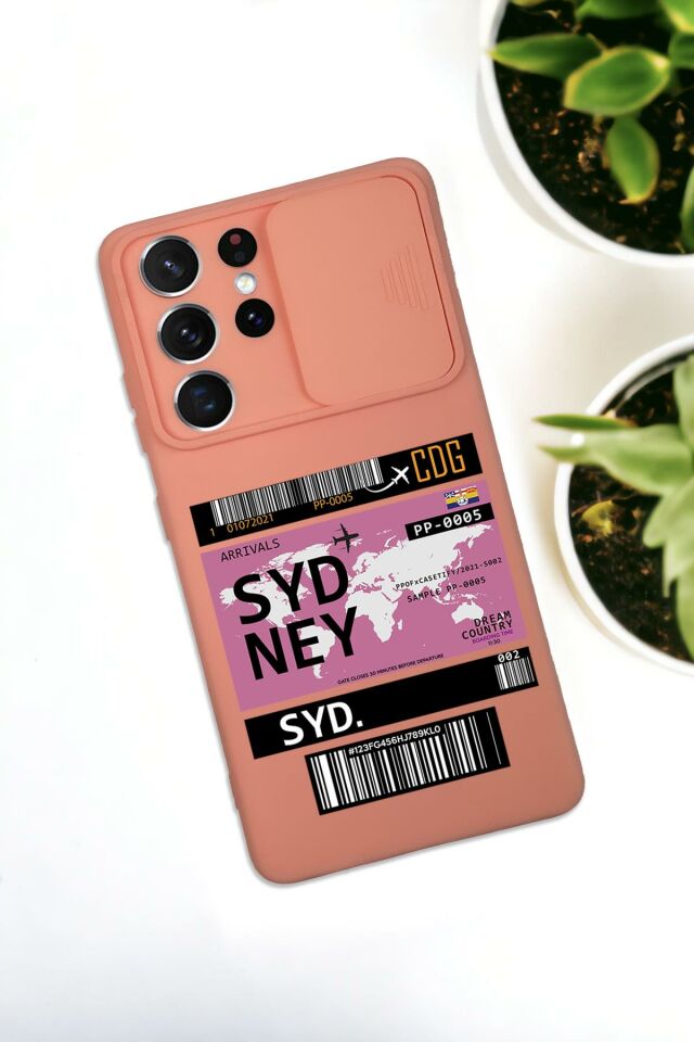 Samsung S21 Ultra Uyumlu Sydney Ticket Desenli Kamera Koruma Slider Kapaklı Silikonlu Telefon Kılıfı