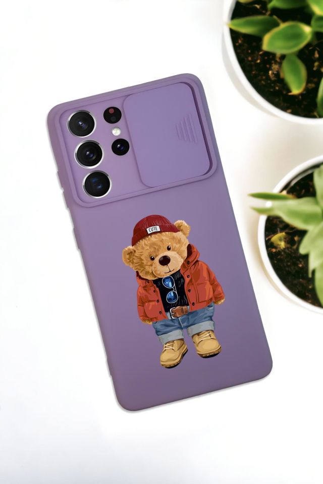 Samsung S21 Ultra Uyumlu Teddy Bear Desenli Kamera Koruma Slider Kapaklı Silikonlu Telefon Kılıfı