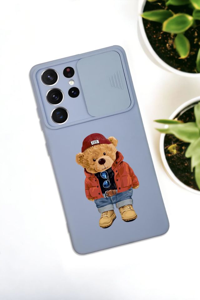 Samsung S21 Ultra Uyumlu Teddy Bear Desenli Kamera Koruma Slider Kapaklı Silikonlu Telefon Kılıfı