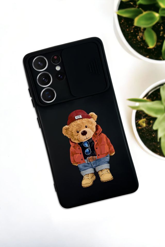 Samsung S21 Ultra Uyumlu Teddy Bear Desenli Kamera Koruma Slider Kapaklı Silikonlu Telefon Kılıfı