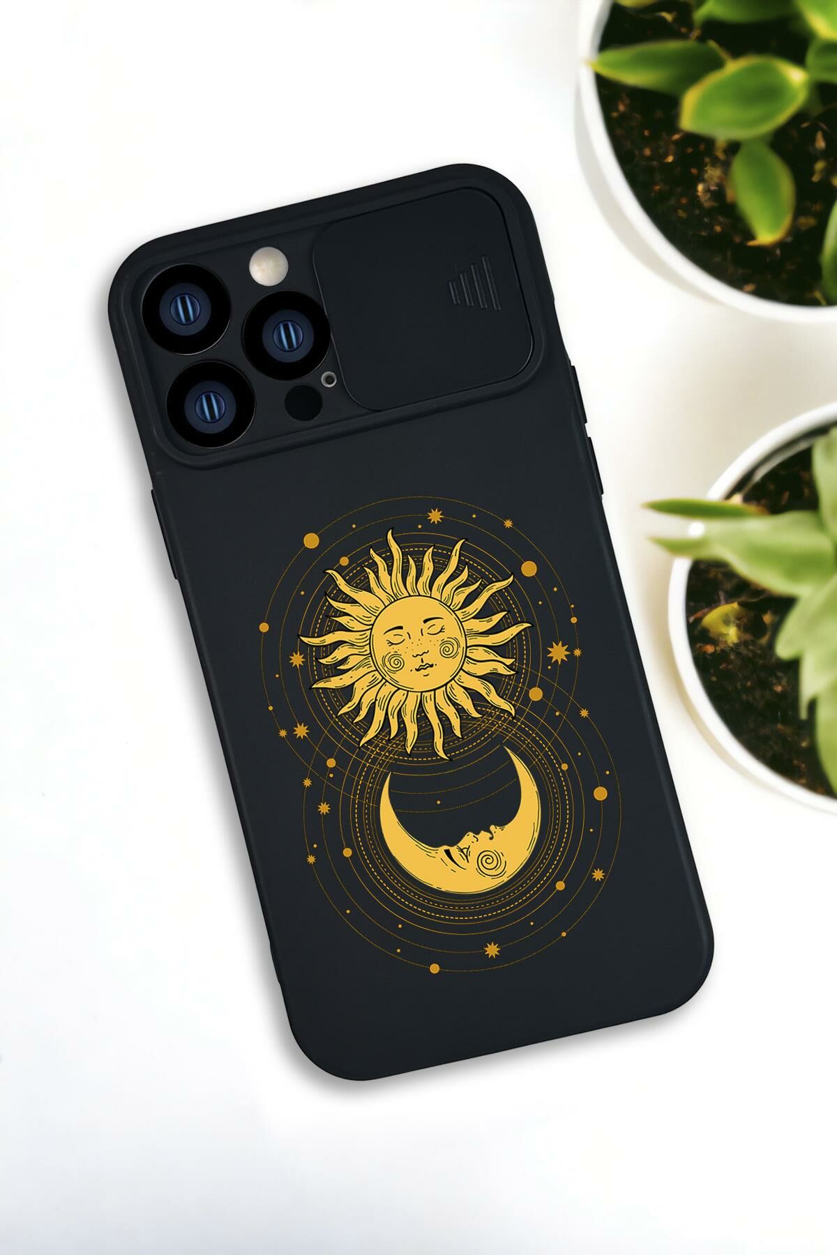 iPhone 13 Pro Max Uyumlu Moon and Sun Desenli Kamera Koruma Slider Kapaklı Silikonlu Telefon Kılıfı