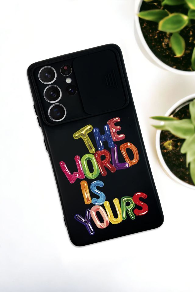 Samsung S21 Ultra Uyumlu The World Desenli Kamera Koruma Slider Kapaklı Silikonlu Telefon Kılıfı