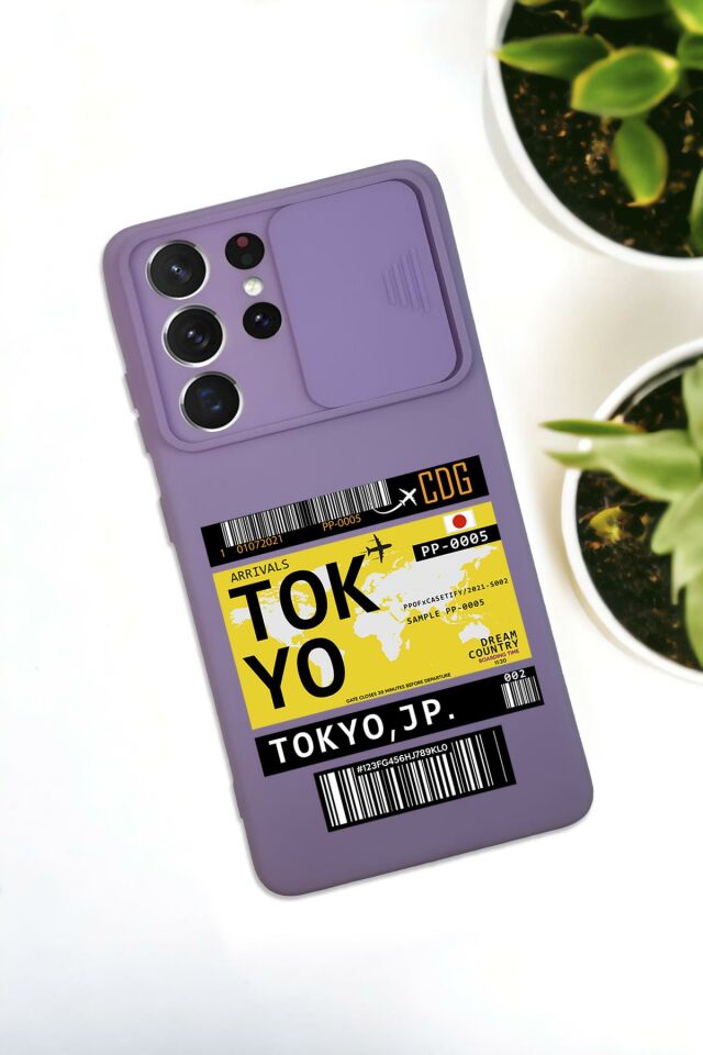 Samsung S21 Ultra Uyumlu Tokyo Ticket Desenli Kamera Koruma Slider Kapaklı Silikonlu Telefon Kılıfı