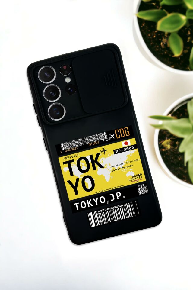 Samsung S21 Ultra Uyumlu Tokyo Ticket Desenli Kamera Koruma Slider Kapaklı Silikonlu Telefon Kılıfı