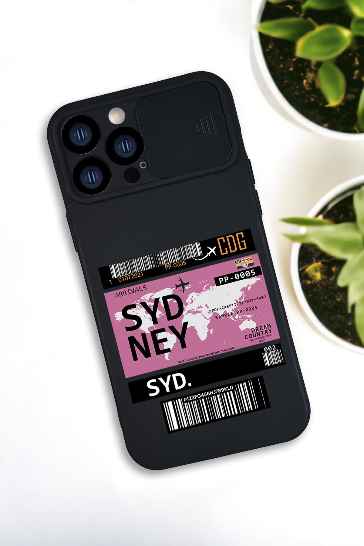 iPhone 13 Pro Max Uyumlu Sydney Ticket Desenli Kamera Koruma Slider Kapaklı Silikonlu Telefon Kılıfı