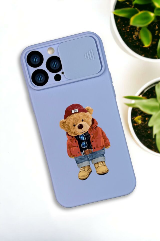 iPhone 13 Pro Max Uyumlu Teddy Bear Desenli Kamera Koruma Slider Kapaklı Silikonlu Telefon Kılıfı