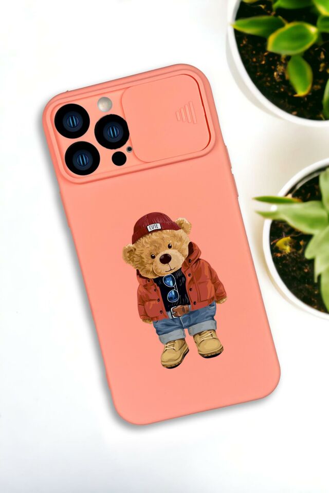 iPhone 13 Pro Max Uyumlu Teddy Bear Desenli Kamera Koruma Slider Kapaklı Silikonlu Telefon Kılıfı