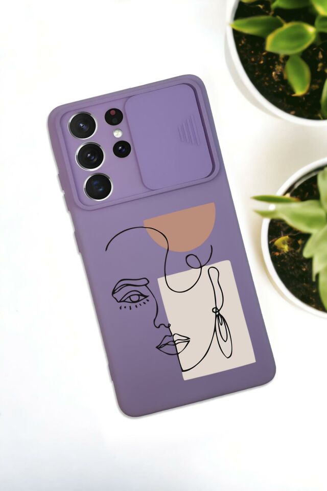 Samsung S21 Ultra Uyumlu Women Art Desenli Kamera Koruma Slider Kapaklı Silikonlu Telefon Kılıfı