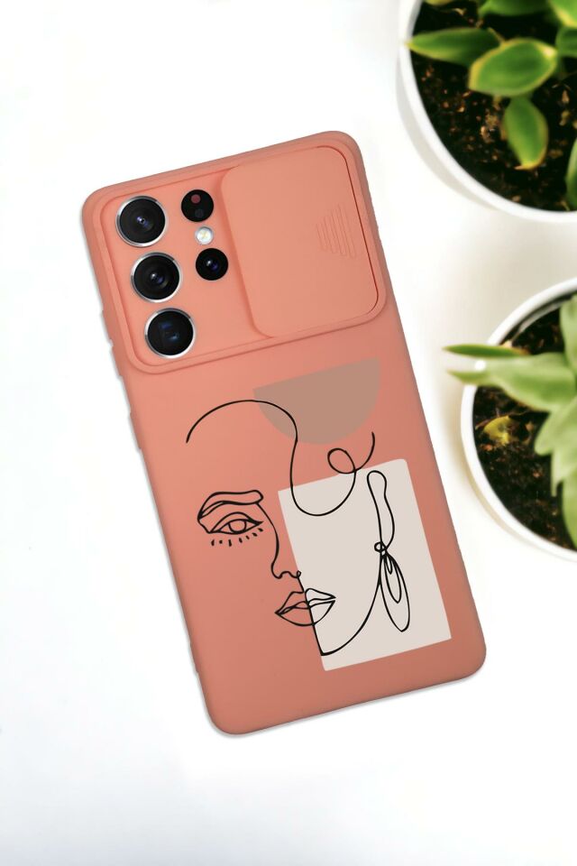Samsung S21 Ultra Uyumlu Women Art Desenli Kamera Koruma Slider Kapaklı Silikonlu Telefon Kılıfı