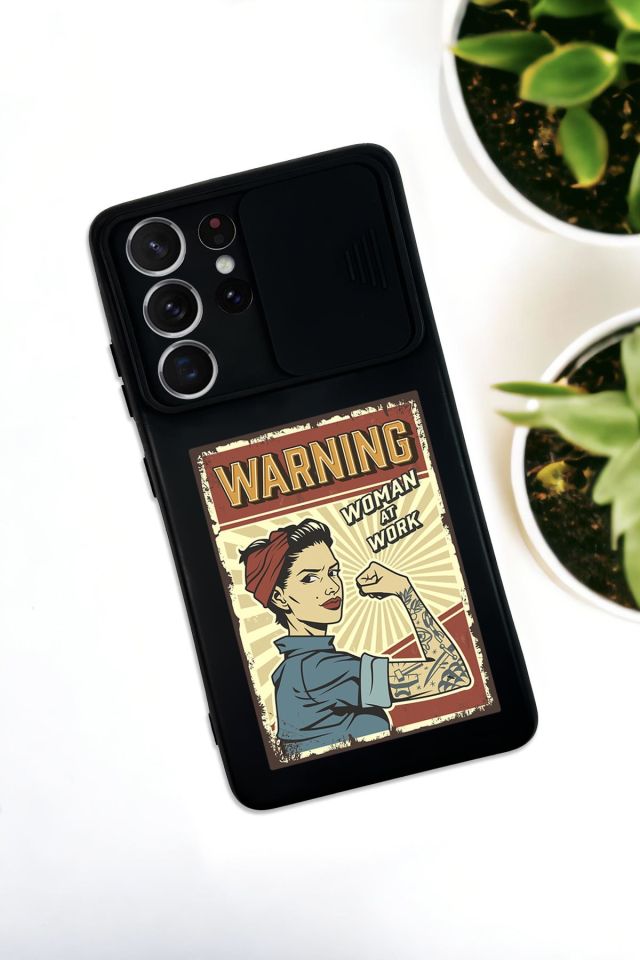 Samsung S21 Ultra Uyumlu Women At Work Desenli Kamera Koruma Slider Kapaklı Silikonlu Telefon Kılıfı