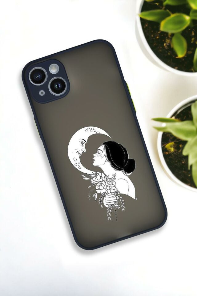 iPhone 13 Uyumlu Moon and Women Desenli Buzlu Şeffaf Lüx Telefon Kılıfı