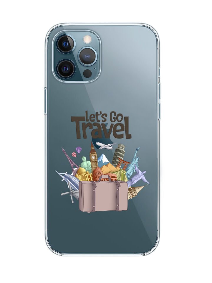 iPhone 12 Pro Max Let's Go Travel Desenli Premium Şeffaf Silikon Kılıf