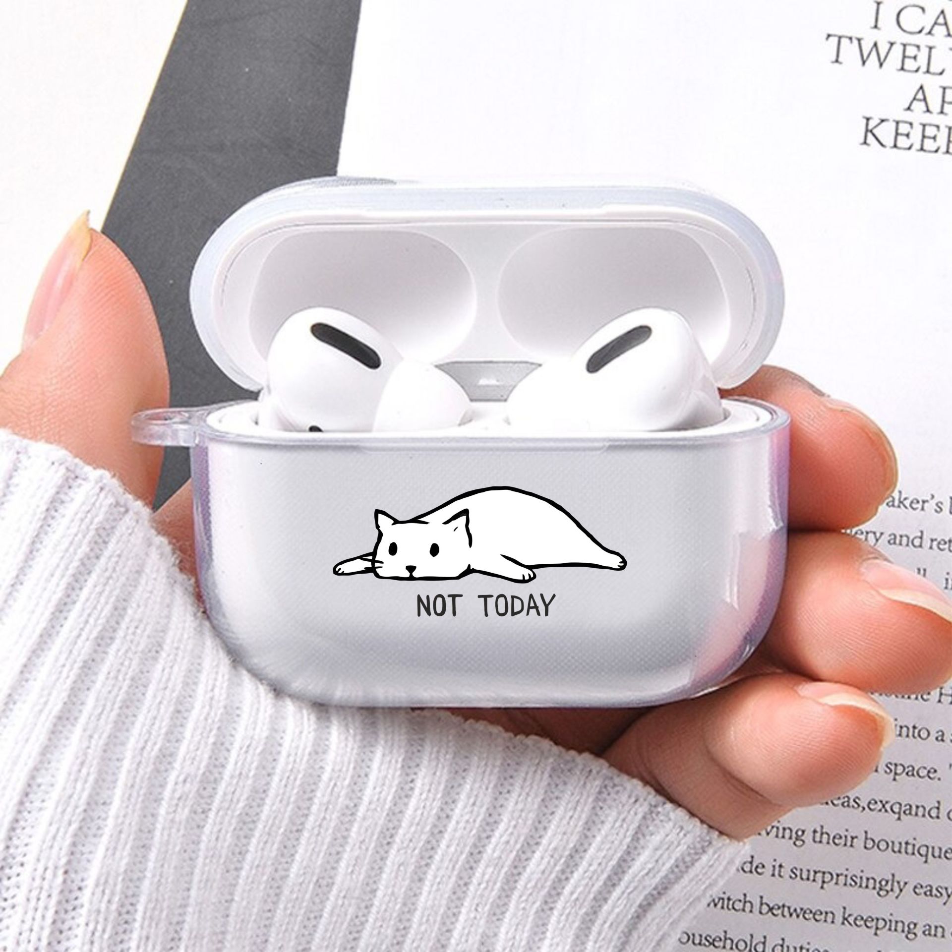 Beyaz Kedi Desenli Şeffaf Airpods Pro Kılıfı Silikonlu