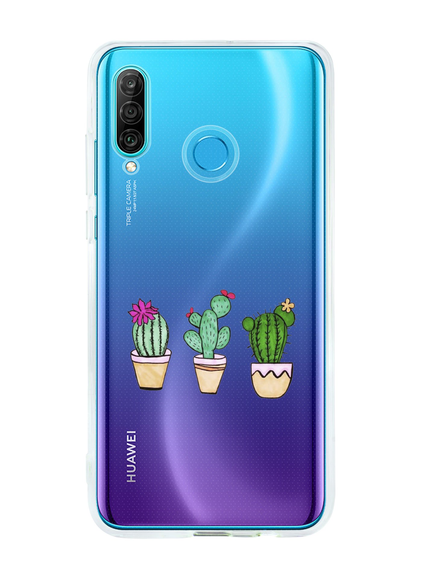 Huawei P30 Lite Kaktüsler Desenli Premium Şeffaf Silikon Kılıf