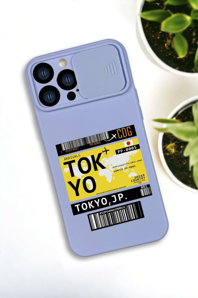 iPhone 13 Pro Max Uyumlu Tokyo Ticket Desenli Kamera Koruma Slider Kapaklı Silikonlu Telefon Kılıfı