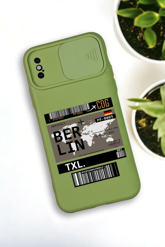 iPhone Xs Max Uyumlu Berlin Ticket Desenli Kamera Koruma Slider Kapaklı Silikonlu Telefon Kılıfı