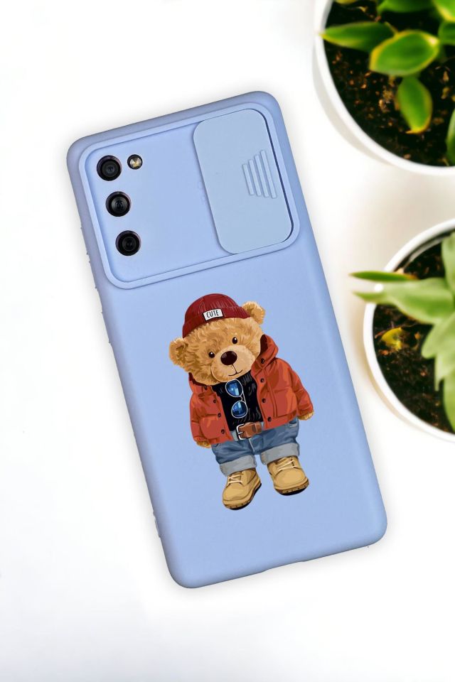 Samsung S21 Uyumlu Teddy Bear Desenli Kamera Koruma Slider Kapaklı Silikonlu Telefon Kılıfı
