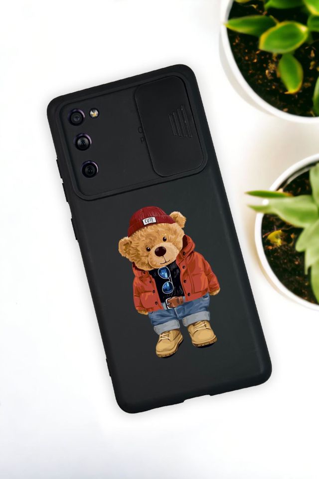 Samsung S21 Uyumlu Teddy Bear Desenli Kamera Koruma Slider Kapaklı Silikonlu Telefon Kılıfı