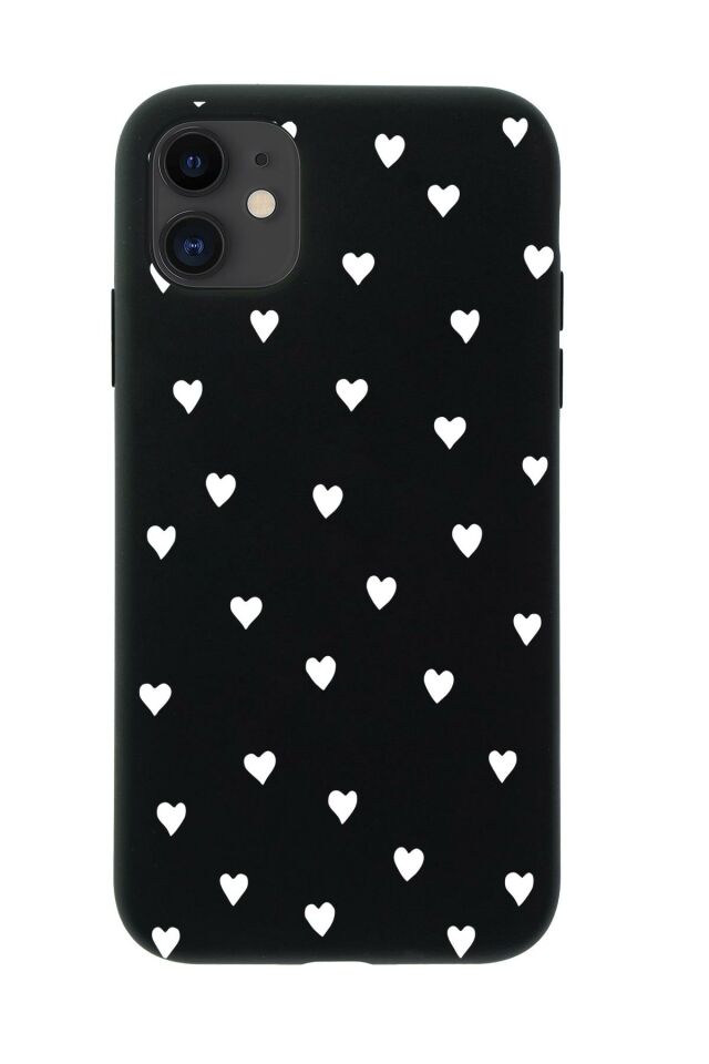 iPhone 12 Uyumlu Siyah Kalpler Desenli Premium Silikonlu Telefon Kılıfı