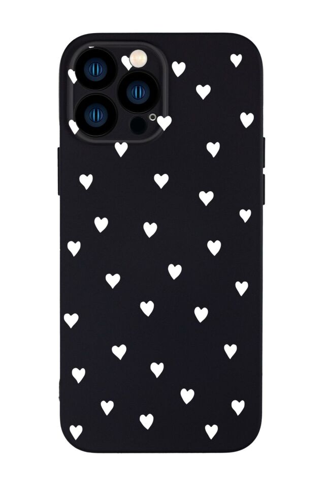 iPhone 13 Pro Uyumlu Siyah Kalpler Desenli Kamera Korumalı Premium Silikonlu Telefon Kılıfı