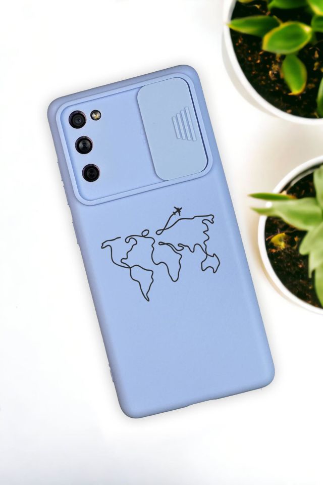 Samsung S21 Uyumlu Dünya Harita Desenli Kamera Koruma Slider Kapaklı Silikonlu Telefon Kılıfı