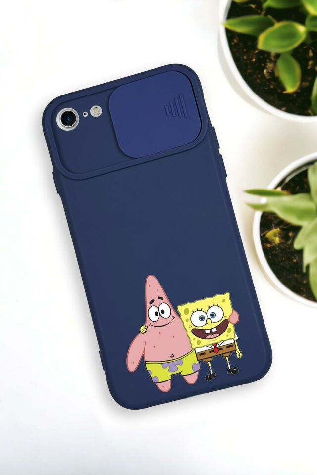 iPhone 6 Uyumlu Sünger Bob ve Patrick Star Desenli Kamera Koruma Slider Kapaklı Silikonlu Telefon Kılıfı