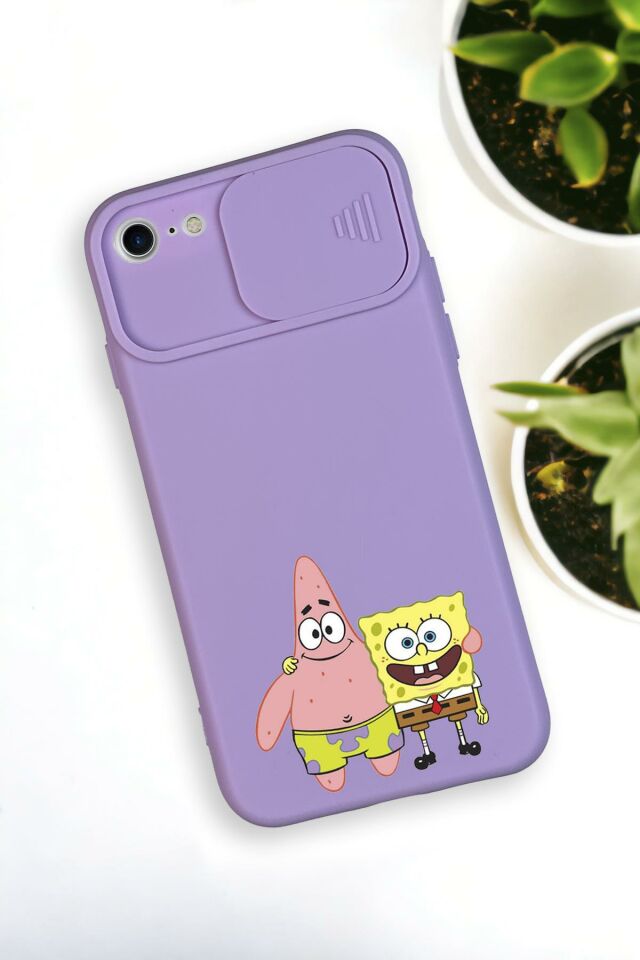 iPhone 6 Uyumlu Sünger Bob ve Patrick Star Desenli Kamera Koruma Slider Kapaklı Silikonlu Telefon Kılıfı