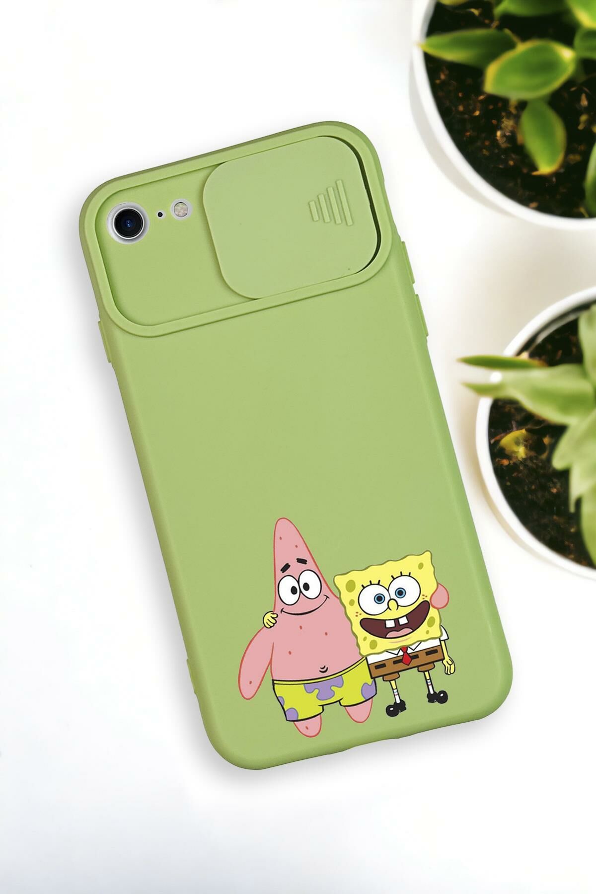 iPhone 6 Uyumlu Sünger Bob ve Patrick Star Desenli Kamera Koruma Slider Kapaklı Silikonlu Telefon Kılıfı