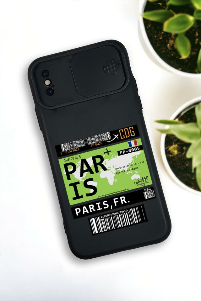 iPhone X / Xs Uyumlu Paris Ticket Desenli Kamera Koruma Slider Kapaklı Silikonlu Telefon Kılıfı