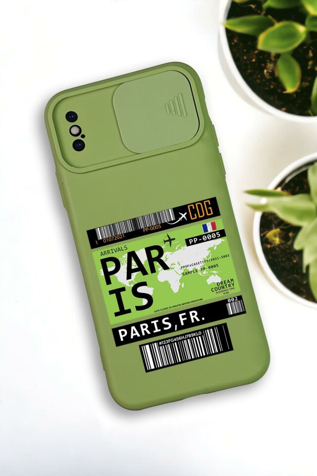 iPhone X / Xs Uyumlu Paris Ticket Desenli Kamera Koruma Slider Kapaklı Silikonlu Telefon Kılıfı