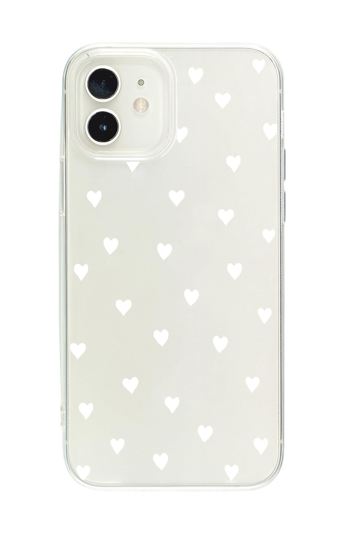 iPhone 12 Mini Uyumlu Beyaz Kalpler Premium Şeffaf Silikon Kılıf