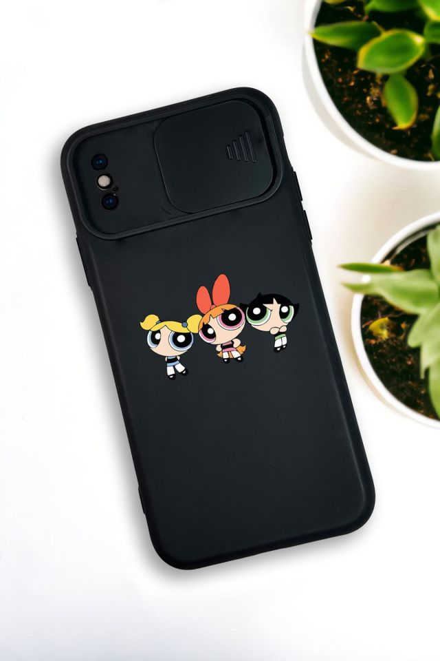 iPhone Xs Max Uyumlu Powerpuff Girls Desenli Kamera Koruma Slider Kapaklı Silikonlu Telefon Kılıfı