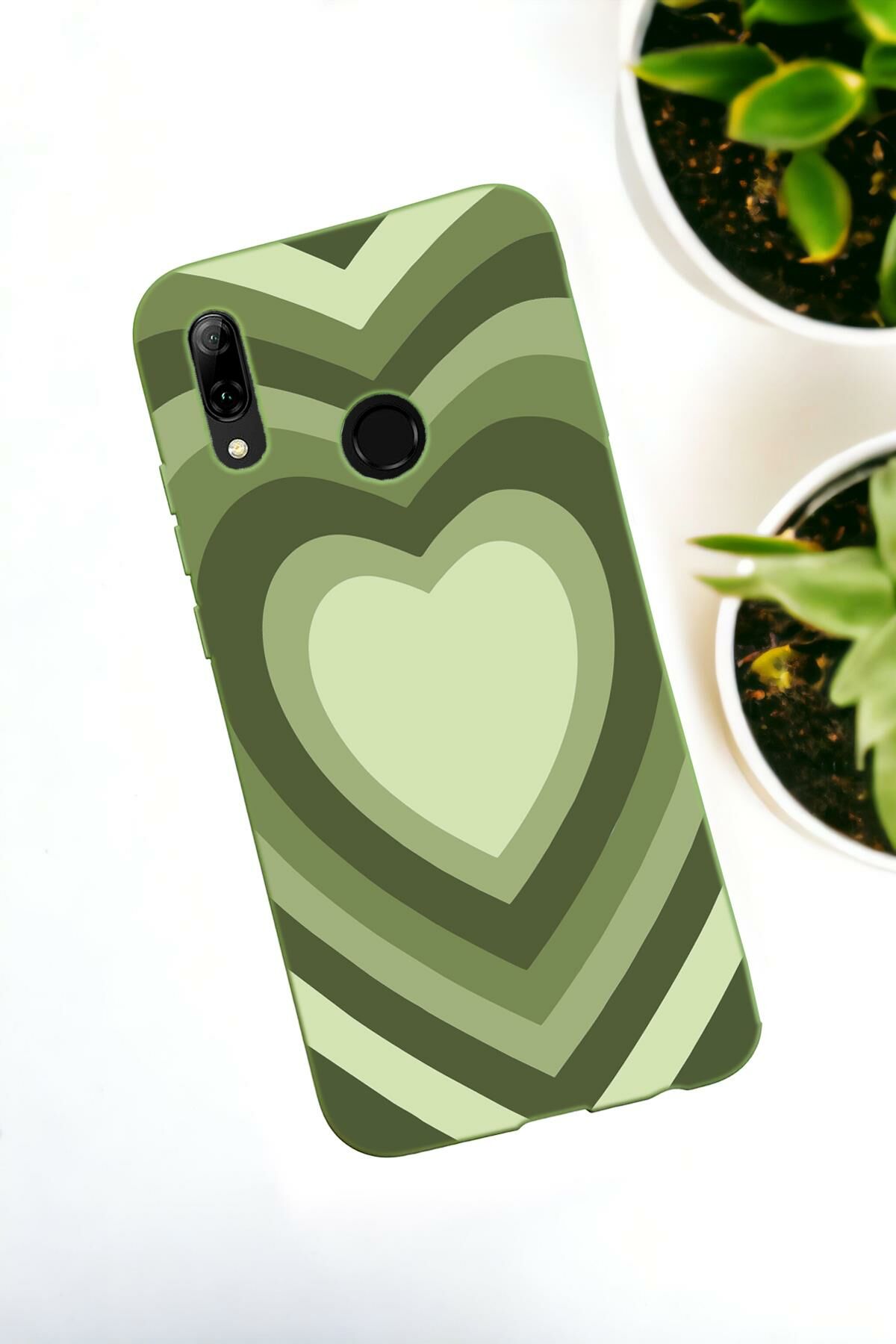Huawei P Smart 2019 Uyumlu Yeşil Kalpler Desenli Premium Silikonlu Lansman Telefon Kılıfı