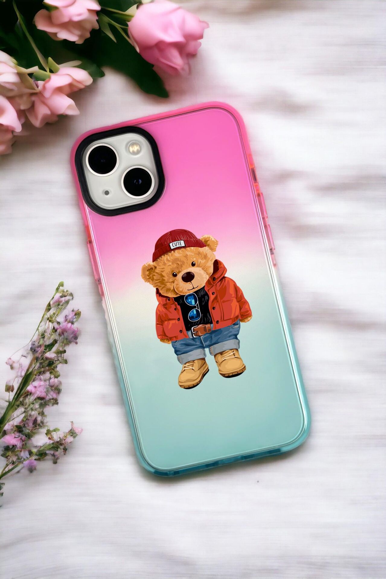 iPhone 13 Uyumlu Teddy Bear Desenli Premium Rainbow Silikonlu Telefon Kılıfı